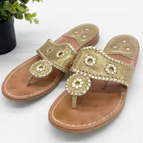 JACK ROGERS Jacks Flat Gold Leather Whipstitch Thong Sandals - Picture 3 of 11